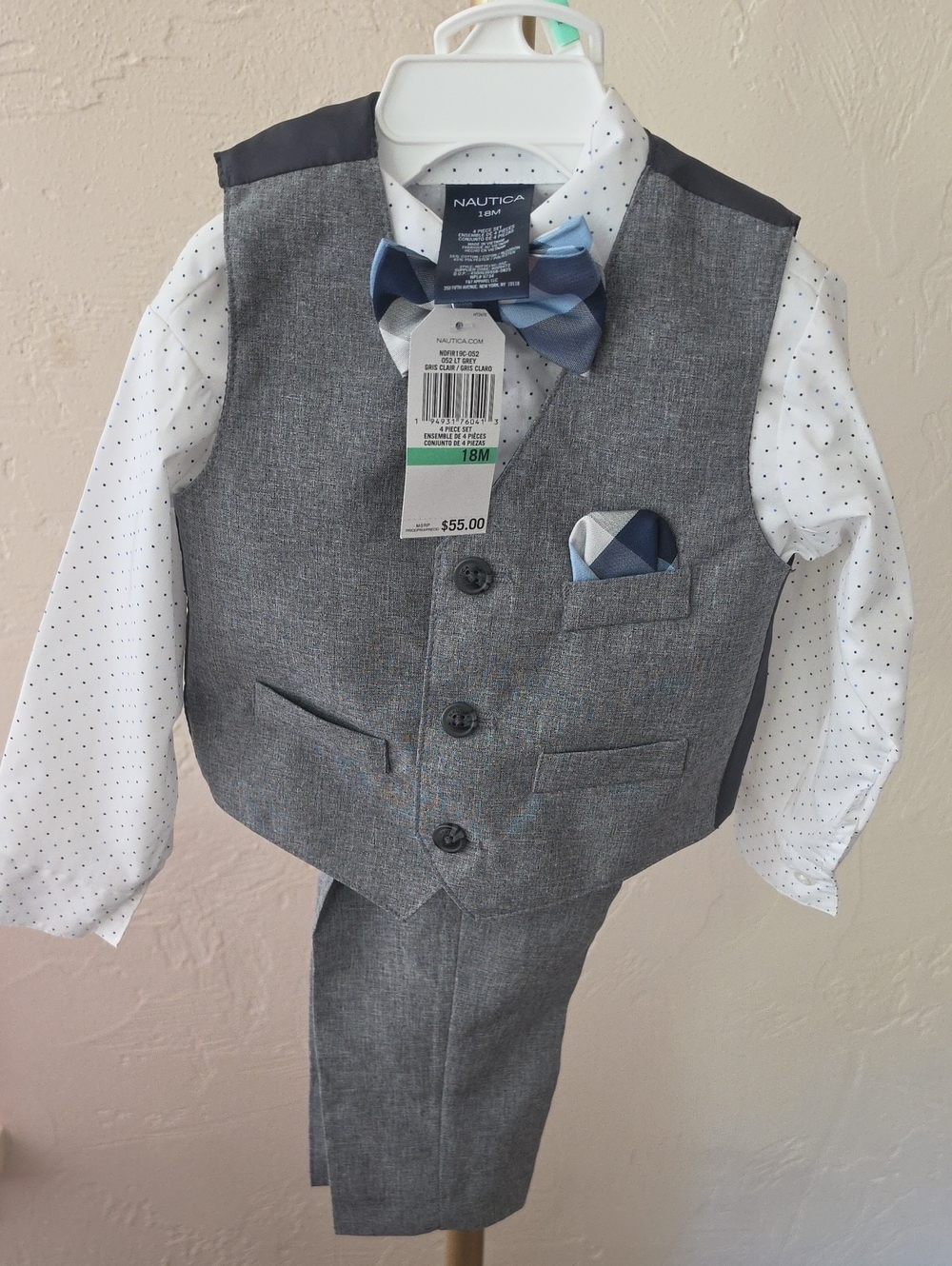Nautica Baby Gray Vest Set with White Polka Dot Shirt and Blue Bow Tie